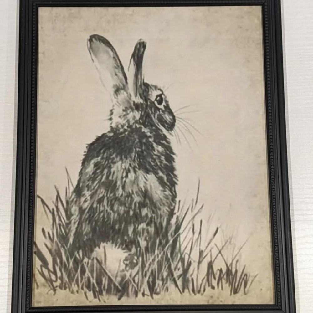 Easter Bunny Black and White Ink Print Framed Art 8"x10" Spring Home Decor